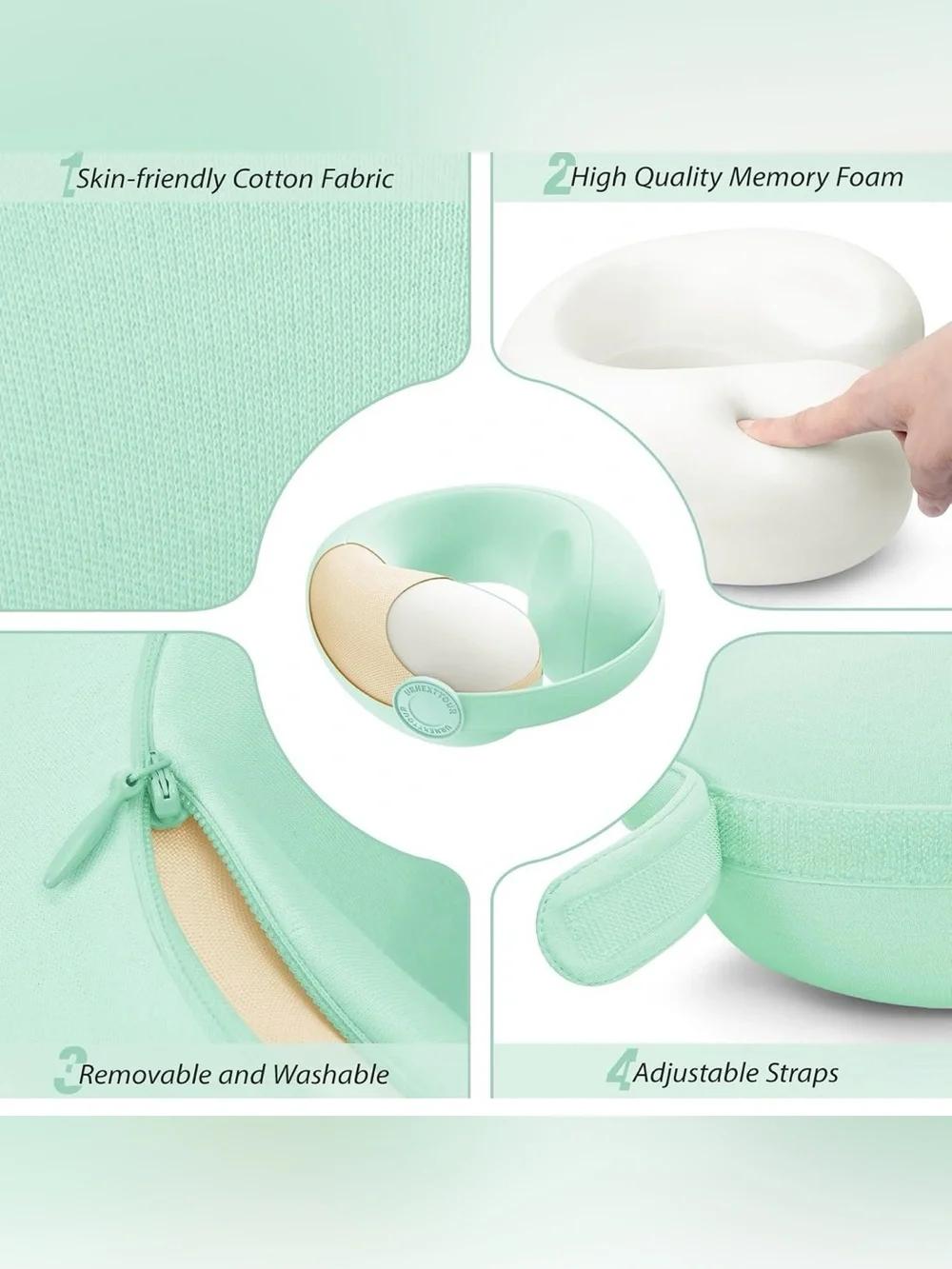 Mint Green Contour Travel Neck Pillow with Snap Closure